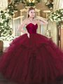 Sleeveless Tulle Floor Length Lace Up Quinceanera Gowns in Wine Red with Ruffles