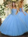 New Arrival Sleeveless Tulle Floor Length Lace Up Quinceanera Gown in Aqua Blue with Beading