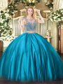 Dazzling Baby Blue Satin Lace Up Quinceanera Dress Sleeveless Floor Length Beading