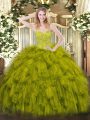 Elegant Olive Green Lace Up Sweet 16 Dress Beading and Ruffles Sleeveless Floor Length