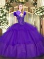 Stylish Sweetheart Sleeveless Quince Ball Gowns Floor Length Ruffled Layers Purple Tulle