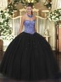 Black Ball Gowns Beading Quince Ball Gowns Lace Up Tulle Sleeveless Floor Length