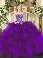 Customized Purple Quinceanera Dresses Military Ball and Sweet 16 and Quinceanera with Beading and Ruffles Sweetheart Sleeveless Lace Up
