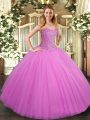 Beautiful Floor Length Lace Up 15th Birthday Dress Lilac for Military Ball and Sweet 16 and Quinceanera with Beading