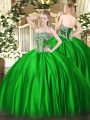 Perfect Sleeveless Satin Floor Length Lace Up Quince Ball Gowns in Green with Beading