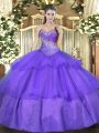 Modern Lavender Tulle Lace Up Sweet 16 Dresses Sleeveless Floor Length Beading and Ruffled Layers