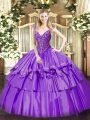 Popular Lavender Lace Up Quinceanera Dress Beading and Ruffled Layers Sleeveless Floor Length