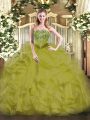 Discount Sleeveless Organza Floor Length Lace Up 15 Quinceanera Dress in Olive Green with Beading and Ruffles
