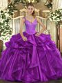 Purple Sleeveless Organza Lace Up Sweet 16 Dress for Military Ball and Sweet 16 and Quinceanera