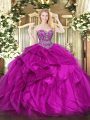 High End Organza Sweetheart Sleeveless Lace Up Beading and Ruffles Ball Gown Prom Dress in Fuchsia