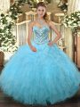 Edgy Aqua Blue Lace Up Sweetheart Beading and Ruffles 15 Quinceanera Dress Tulle Sleeveless