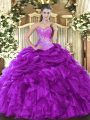 Stunning Eggplant Purple Ball Gowns Sweetheart Sleeveless Organza Floor Length Lace Up Beading and Ruffles and Pick Ups Sweet 16 Dresses