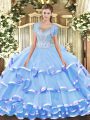 New Style Tulle Sleeveless Floor Length Quinceanera Dresses and Beading and Ruffled Layers