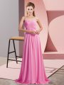 Traditional Rose Pink Prom Evening Gown Spaghetti Straps Sleeveless Sweep Train Backless