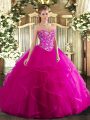 Decent Ball Gowns Ball Gown Prom Dress Fuchsia Sweetheart Tulle Sleeveless Floor Length Lace Up