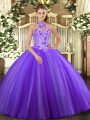Stylish Floor Length Purple Sweet 16 Dresses Tulle Sleeveless Embroidery