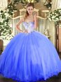 Blue Tulle Lace Up Sweetheart Sleeveless Floor Length Quinceanera Gown Beading