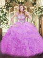 Nice Lilac Organza Lace Up Vestidos de Quinceanera Sleeveless Floor Length Beading and Ruffles and Pick Ups