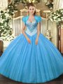 Spectacular Floor Length Ball Gowns Sleeveless Aqua Blue Sweet 16 Dresses Lace Up