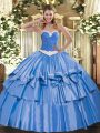 Beautiful Floor Length Lace Up Vestidos de Quinceanera Blue for Military Ball and Sweet 16 and Quinceanera with Appliques and Ruffled Layers