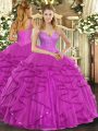 Delicate Sleeveless Floor Length Beading and Ruffles Lace Up 15 Quinceanera Dress with Fuchsia