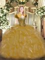 Sleeveless Organza Floor Length Lace Up Sweet 16 Dresses in Gold with Beading and Ruffles