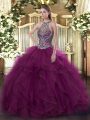 Fuchsia Halter Top Lace Up Beading Quince Ball Gowns Sleeveless