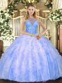 Unique Blue Ball Gown Prom Dress Military Ball and Sweet 16 and Quinceanera with Beading and Ruffles High-neck Sleeveless Lace Up