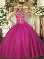 Beading Quinceanera Gowns Hot Pink Lace Up Sleeveless Floor Length