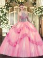 Flare Baby Pink Ball Gowns Beading and Appliques Sweet 16 Quinceanera Dress Lace Up Tulle Sleeveless Floor Length
