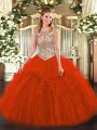 Red Ball Gowns Tulle Scoop Sleeveless Beading and Ruffles Floor Length Lace Up 15 Quinceanera Dress