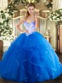 Unique Blue Lace Up 15th Birthday Dress Beading and Ruffles Sleeveless Floor Length