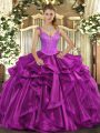 Fitting Fuchsia Ball Gowns Organza Straps Sleeveless Beading and Ruffles Floor Length Lace Up Quinceanera Gowns