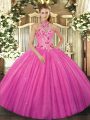 Sleeveless Floor Length Beading and Embroidery Lace Up Quince Ball Gowns with Hot Pink