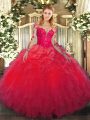 Red Long Sleeves Lace and Ruffles Floor Length Sweet 16 Dress