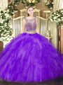 Scoop Sleeveless Lace Up Quinceanera Gown Lavender Tulle