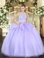 Lavender Quince Ball Gowns Military Ball and Sweet 16 and Quinceanera with Lace Scoop Sleeveless Zipper