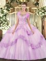 Lilac Ball Gowns Beading and Appliques Ball Gown Prom Dress Clasp Handle Tulle Sleeveless Floor Length