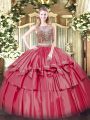 Fantastic Scoop Sleeveless Quinceanera Dresses Floor Length Beading and Ruffled Layers Coral Red Organza and Taffeta
