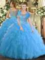Fabulous Aqua Blue Ball Gowns Scoop Sleeveless Tulle Floor Length Clasp Handle Beading and Ruffled Layers Quince Ball Gowns