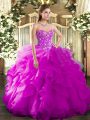 Fuchsia Organza Lace Up Quinceanera Dresses Sleeveless Floor Length Embroidery and Ruffles