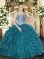 Discount Sleeveless Floor Length Beading and Ruffles Lace Up Quinceanera Dresses with Teal