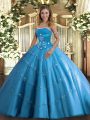 Dramatic Strapless Sleeveless Quinceanera Dress Floor Length Beading and Appliques Baby Blue Tulle