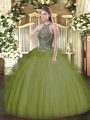Dazzling Olive Green Lace Up Quinceanera Gowns Beading Sleeveless Floor Length