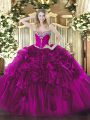 Elegant Fuchsia Organza Lace Up Quince Ball Gowns Sleeveless Floor Length Beading and Ruffles