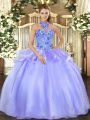 Lavender Halter Top Neckline Embroidery Quinceanera Gowns Sleeveless Lace Up