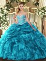 Wonderful Organza Sweetheart Sleeveless Lace Up Beading and Ruffles and Pick Ups Sweet 16 Dress in Teal