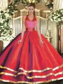 Artistic Red Sweet 16 Quinceanera Dress Military Ball and Sweet 16 and Quinceanera with Ruffled Layers Halter Top Sleeveless Lace Up
