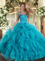 Sleeveless Tulle Floor Length Lace Up Quinceanera Dress in Teal with Ruffles