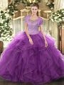 New Style Sleeveless Tulle Floor Length Clasp Handle Quinceanera Gowns in Eggplant Purple with Beading and Ruffled Layers